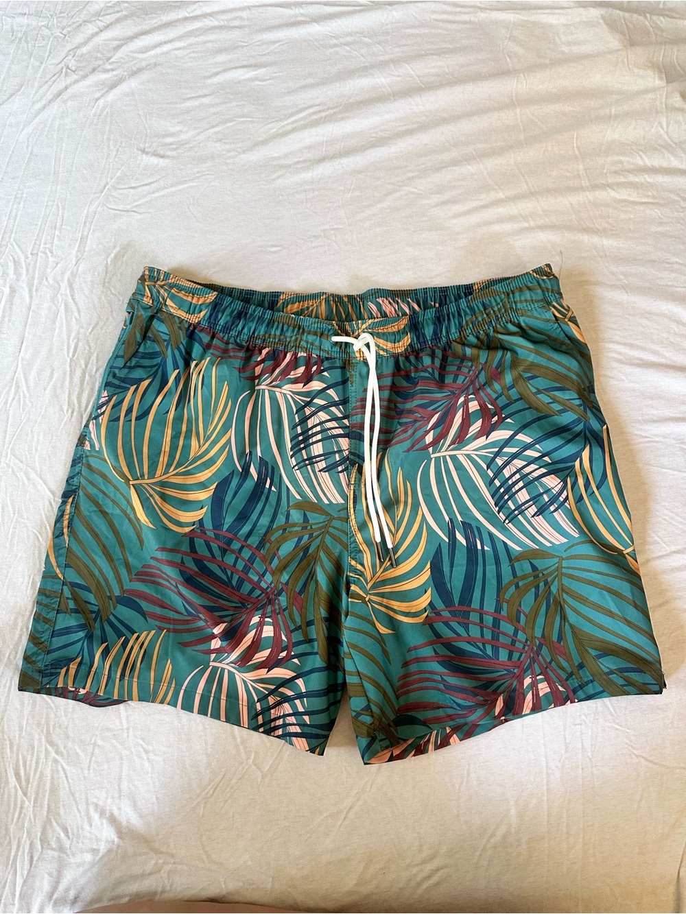 Goodfellow & Co Teal Tropical Leaf Swim Trunks